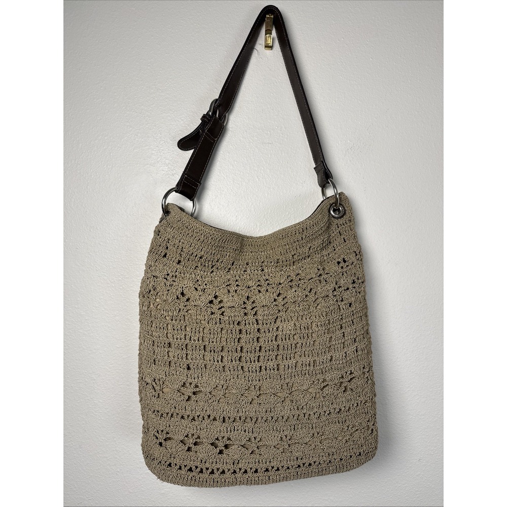 G.H. Bass & Co. Vintage Crochet Shoulder Bag Tan Faux Leather Strap Y2K 90s